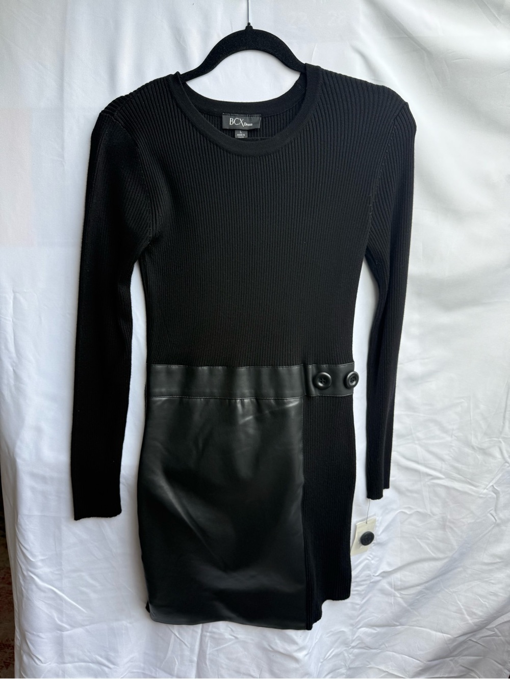 BCX Black Ribbed Knit Dress with Faux Leather Panel